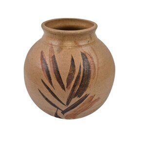 Handmade Studio Pottery Vase Signed Brown Earthenware Painted Leaf Design